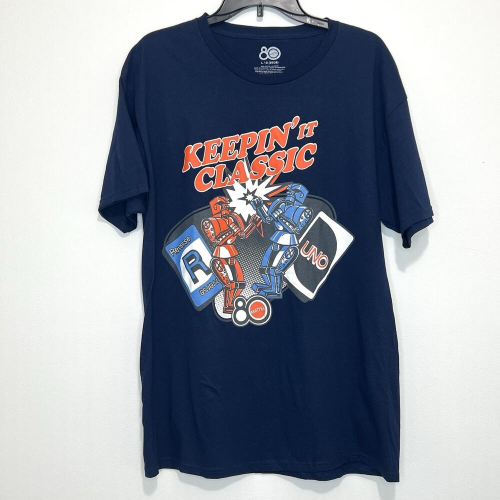 UNO Keepin’ It Classic T-Shirt Unisex Large Navy Graphic Tee Mattel 80th Cotton